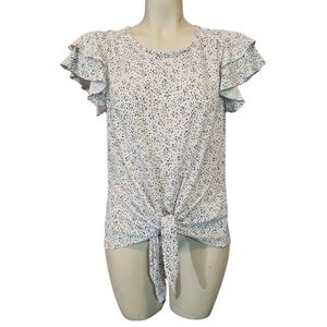 Adrianna Papell White Polka Dot‎ Ruffle Sleeve Tie-Front Top Size Small